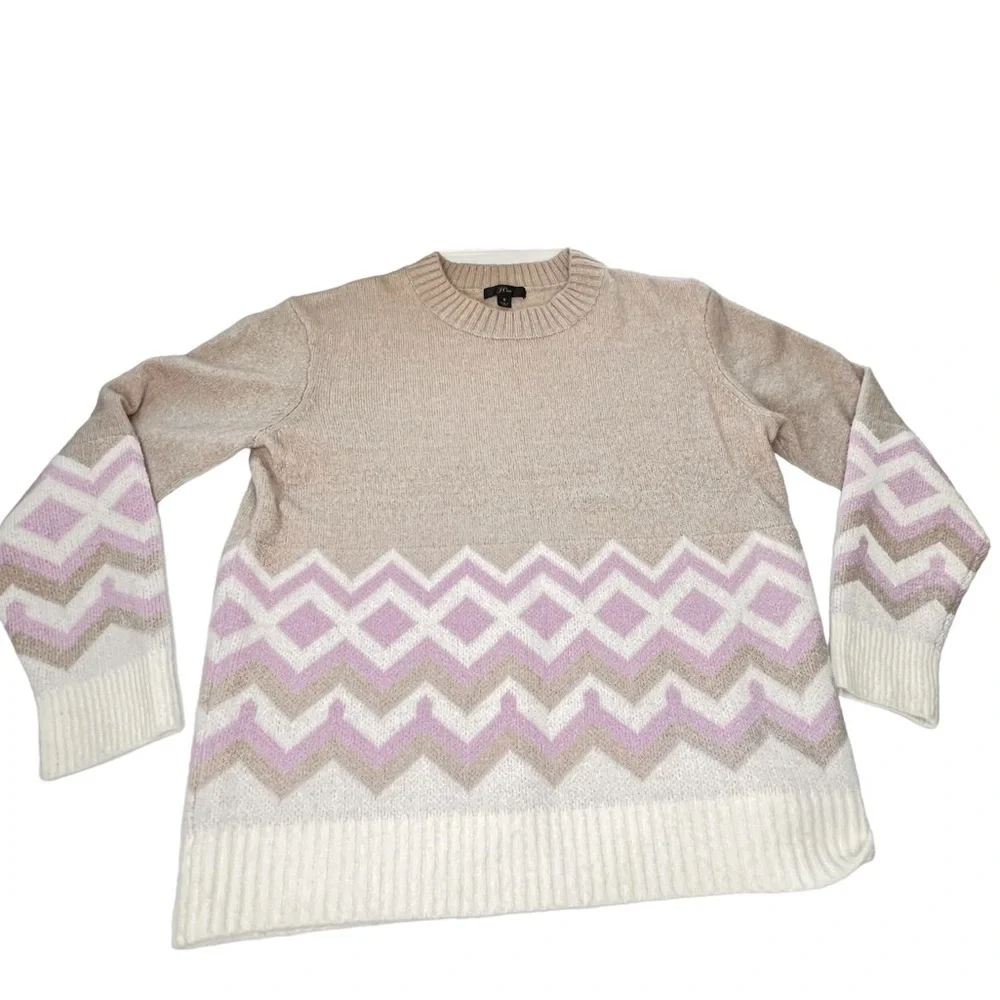 J. CREW Geometric Fair Isle Crewneck Sweater Heather Khaki Ivory Women's Size S